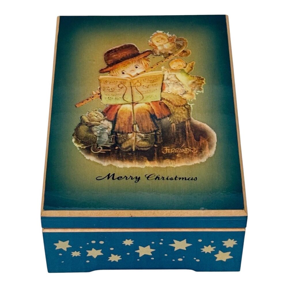 Schmid Christmas 1978 Music Box Painted Wood We Wish You a Merry Christmas Works